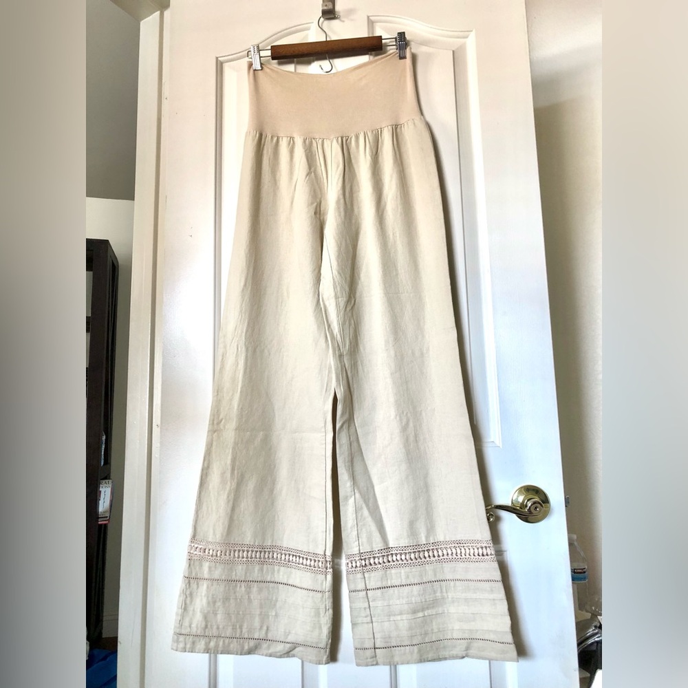 NWOT Love Tree Cream Wide-Leg Pants with Embroidered Hem Detail